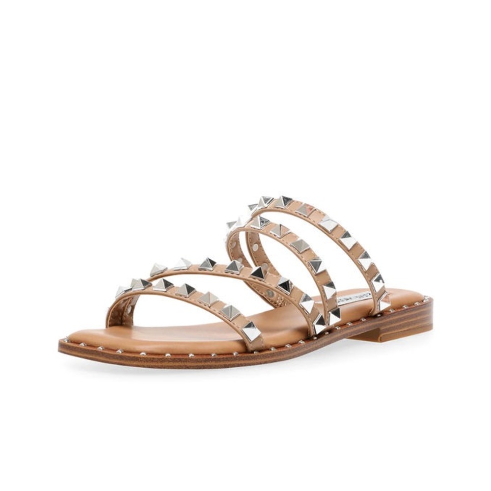 NWOT Steve Madden Skyler Studded Strappy Flat Sandal Tan Silver Size 8 - Picture 6 of 12